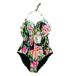 Cyn & Luca NWT Tropical Floral One Piece Swimsuit Halter Cutout Underwire Small